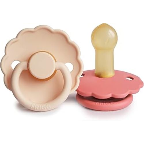 FRIGG Daisy Natural Rubber Baby Pacifier | Made in Denmark | BPA-Free (Pink Cream/Poppy, Size 2) 2-Pack