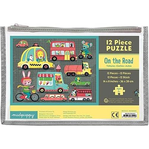 Mudpuppy On The Road Pouch Puzzle, 12 Extra Thick Colorful Pieces, 14”x11” – Great for Kids Age 2-4 – Perfect for Travel – Helps Develop Hand-Eye Coordination - Packaged in Secure, Reusable Pouch
