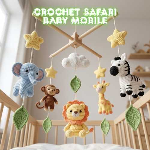 Crochet Safari Baby Mobile | Jungle Animal Crib Mobile | Nursery Decor for Baby Boy Girl | Handmade Mobile | Gift For Baby | L130M
