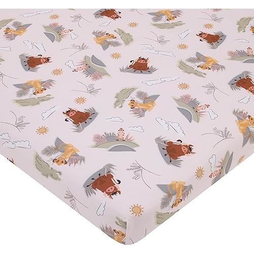 Disney Lion King Ivory, Sage, Gold, and Brown, Simba, Timon, and Pumba Super Soft Nursery Fitted Mini Crib Sheet
