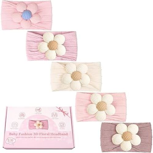 CÉLLOT 5 Pcs Baby Flower Headbands Baby Girls Nylon Headbands Soft Hairbands Hair Accessories for Newborn Infant Toddler Kids(Pink)
