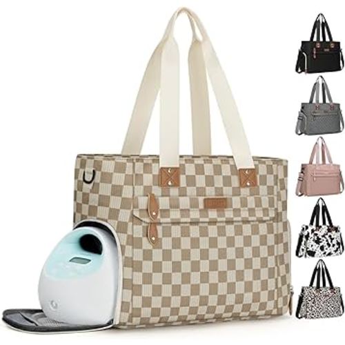 Large Travel Diaper Bag Tote with 14 Inch Laptop Sleeve, Breast Pump Bag for Mom and Dad, Mommy Maternity Travel Baby Bag for Boys and Girls, Plaid