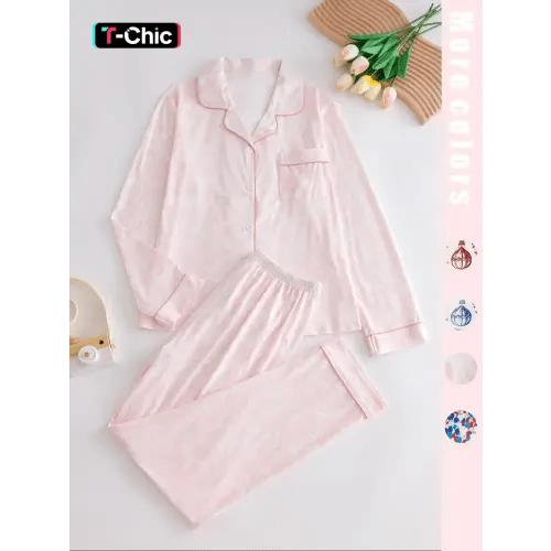 Two-piece pink ladies' pajama set with full-color prints. Button-front collar shirt and elastic waist pants pajama. Casual and comfortable collar long-sleeved top and long pants pajama set. Ladies' pajamas for spring and autumn Loungewear. - TikTok Shop