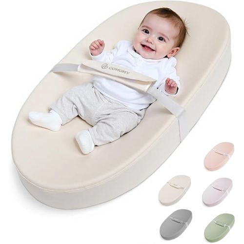 COMOMY Baby Changing Pad with Wipeable & Waterproof PU Cover, Contoured Diaper Changing Pad for Dresser with Non-Slip Safety Belt, Portable and Lightweight, Large Cushioned Foam, Beige