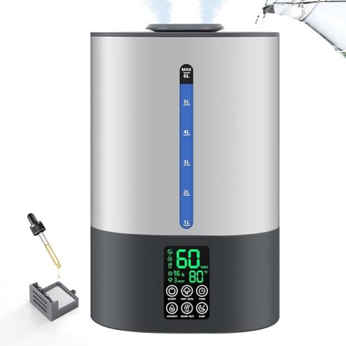 6L Humidifiers for Bedroom Large Room Home,Cool and Warm Humidifier for Baby and Plants Hot Mist Top Fill Desk Humidifiers Oil Diffuser,Quiet,Adjustable Mist,360°Nozzle-Black(2026 Upgraded)