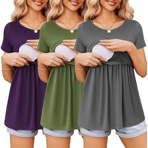 Ekouaer Womens Nursing Tops 3 Packs Short Sleeve Breastfeeding Shirts Double Layer Shirt Nursing Shirts Purple&dark Gray&deep Green XL