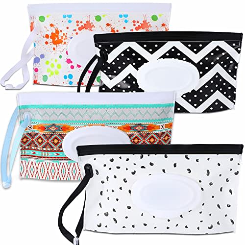FEBSNOW 4 Pack Baby Refillable Baby Wet Wipe Dispenser, Reusable Wipes Pouch Container, Lightweight Portable Travel Wipes Holders