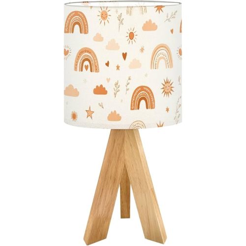 Tripod Bedside Desk Table Lamp Cute Boho Rainbow Seamless Sun Hearts Stars Terracotta Brown Peach for Wood Nightstand Lamp with Linen Fabric Shade for Nursery Bedroom Living Room Kids Room