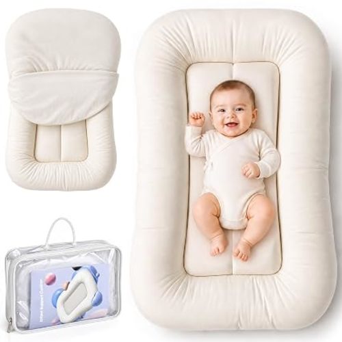Infant Support Cushion - Organic Soft Cotton Baby Support Cushion for Newborn 0-24 Months, Breathable Portable Pad for Home and Travel, Washable Cover Included, Ideal Baby Essentials Gift, Cloud-CS