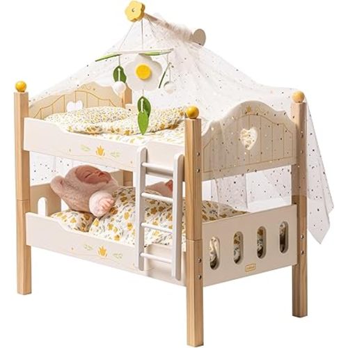 ROBUD Baby Doll Crib, Wooden Baby Doll Beds for 20 Inch Dolls, Baby Doll Bunk Beds with Tulle, American Girl Doll Bed for Gifts, WRP12