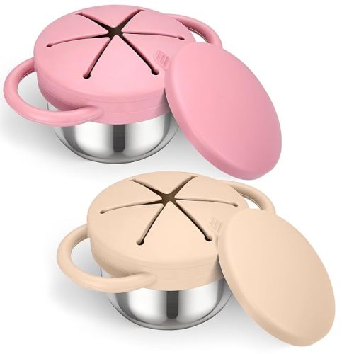 Palksky Toddler Snack Cups Stainless Steel for Kids, 2Pack 3-in-1 Snackle Containers with Spill-Proof Silicone Lids,Handles, Metal Baby Snack Box No-Spill for On-The-Go, Travel - Yellow and Pink