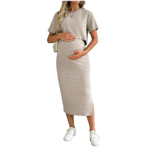 SHENHE Women's Maternity Ribbed 2 Piece Outfits Short Sleeve Crop Top Bodycon Slit Midi Skirt Set
