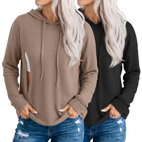 Ficerd 2 Pack Women's Nursing Waffle Hoodies Breastfeeding Tops