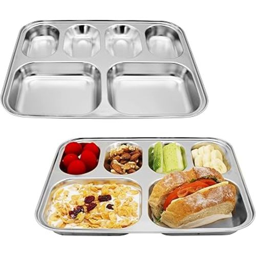 Korean Stainless Steel Divided Plates, Food Grade 304 Tray for Kids, Teens, Adults, Picky Eaters, BPA Free, 6 Sections, Diet Portion Control, Serving Platter, Dinner Snack, Set of 2