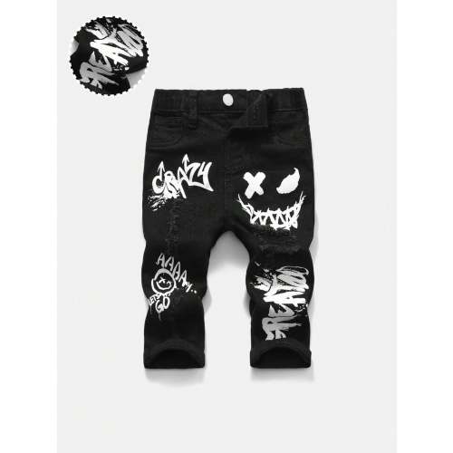 SHEIN New Vintage Baby Boys' Urban Street Cool White Graffiti Print Black Denim Jeans Fall Winter,Casual And Versatile For Fall/Winter Dailywear,Streetwear,For Christmas,New Year,Thanksgiving,Graduation,Stylish Baby Jeans,Winter