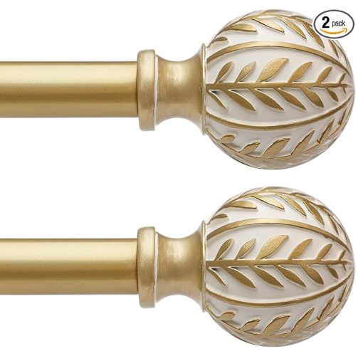 2 Pack Gold Curtain Rods for Windows 28 to 48 inch,1" Adjustable Heavy Duty Window Curtain Rod with Leaf Finials,Rustic Decorative Drapery Rods Set,Size:18-60''