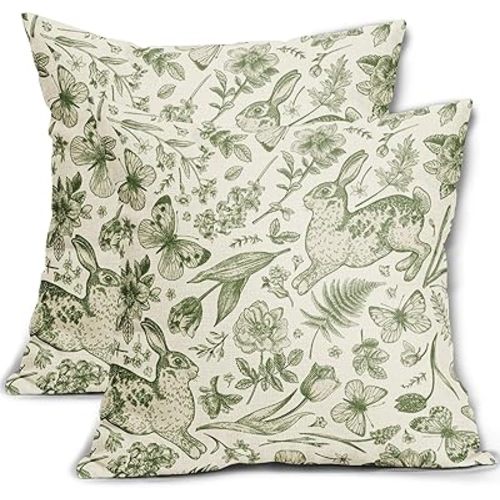 Spring Green Pillow Covers 18x18 Inch Set of 2 Rabbit Bunny Floral Leaf Butterfly Botanical Plants Print Decorative Throw Pillows Easter Seasonal Pillow Cases Couch Bed Sofa Decor