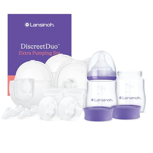 Lansinoh DiscreetDuo Extra Pumping Set | Hands-Free Wearable Breast Pump Accessories | Portable Replacement Kit with Milk Collection Cups, Flanges, Valves & Bottles (Pump Not Included)