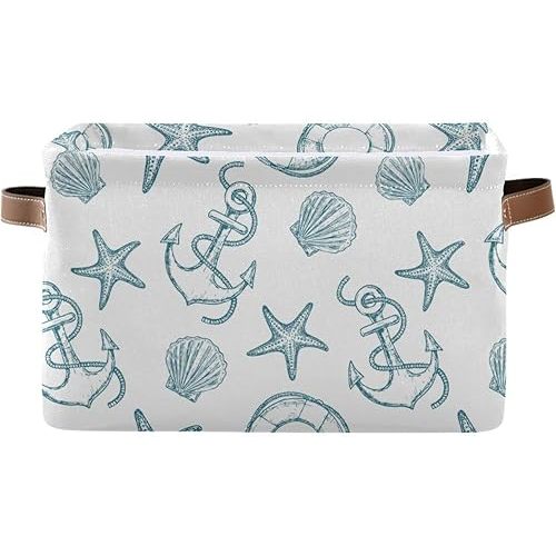 Coastal Anchor Nautical Theme Storage Basket Fabric Laundry Baskets Starfish Summer Beach Storage Boxes Organizer Bag for Baby Cloth Dog Toy Book Storage Cubes Shelf Closet Bins