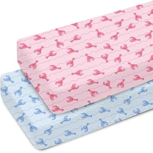 Pink Lobster Bows Stripes Baby Crib Sheets for Boy Girl 28"x52" Lobsters Sea Ocean Soft Snug Fitted Crib Mattress Cover Boho Coastal Summer Baby Sheet for Standard Crib & Toddler Mattress 2 Pack