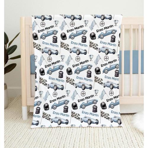 RACE CAR BABY Blanket, Toddler Boy Racecar Name Blanket Gift, Blue Racer Baby Boy Blanket, Race Car Theme Nursery, Blue Car Baby Shower Gift