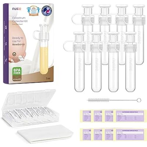 Nuliie Colostrum Collector Kit 7ml/8pcs, Leakproof, Reusable Breast Milk Collector, Heat & Freezer Resistant, BPA-Free, With Cotton Cloth Wipe, Storage Case, Cleaning Brush - Ready-to-Use for Newborns