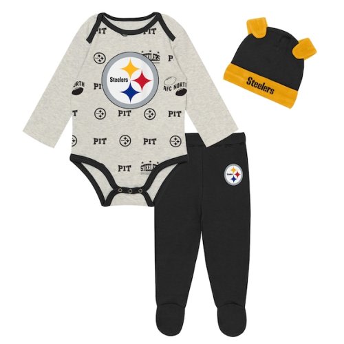 Pittsburgh Steelers Outerstuff Newborn Huddles & Giggles 3-Piece Pant and Hat Set - Heather Gray