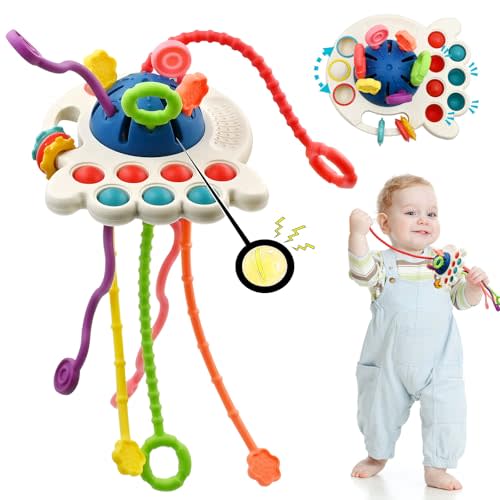 Sensory Montessori Baby Toys, Infant Toddler Travel Toys for Boy Girl, Soft Pull String Fidget Early Educational Learning Bath Toy for 18M+ Autism Birthday Gifts Christmas Stocking Stuffers, Blue