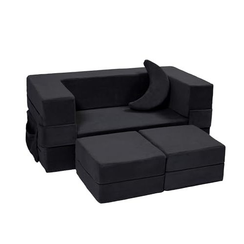 Elftopia Modular Kids Sofa,Toddler Couch Foam Armchair for Kids, Children Convertible Plush Sofa Play Set,Fold Out SofaBed(Black)