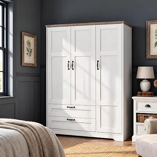 3-Door Wooden Armoire Wardrobe Closet with Drawers and Shelves, Bedroom Armoires Closet with Mirror for Hanging Clothes, Coat, Farmhouse Wardrobe Cabinet for Large Storage Needed
