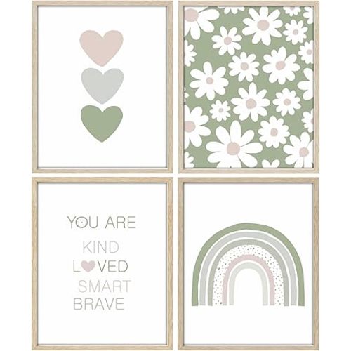 AIOAIFUT Pink and Green Kids Wall Decor, Posters for Girls Room Decor, Daisy Heart Rainbow Wall Art for Girls Bedroom, 8x10 in, Set of 4, Unframed