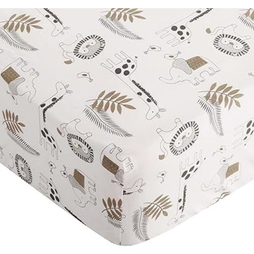 Levtex Baby - Tanzania Crib Fitted Sheet - Fits Standard Crib and Toddler Mattress - Tossed Elephant, Giraffe and Lion - Charcoal Cream Tan - Nursery Accessories - 100% Cotton
