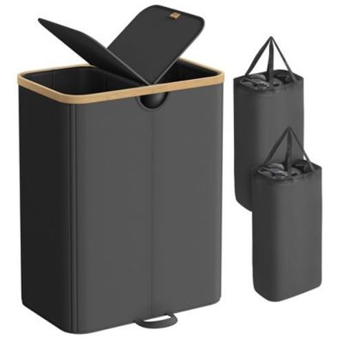 SONGMICS Laundry Hamper with Lids, Laundry Basket with 2 Compartments, 39 Gal. (150 L), Removable Liner Bag, Ink Black and Light Bamboo