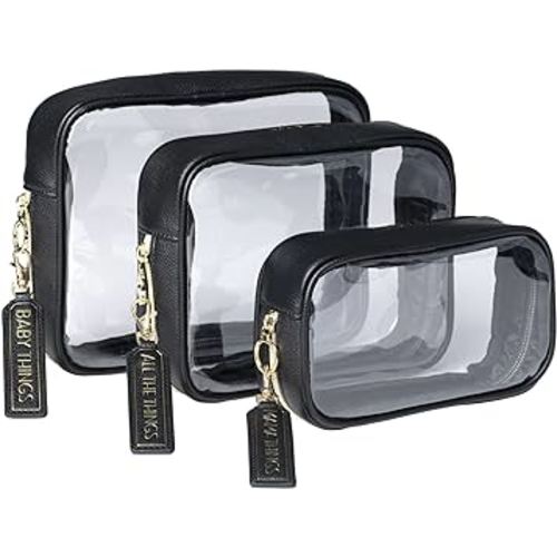 Lucky Love Diaper Bag Organizing Pouches | Set of 3 Including Diaper Clutch | Dry Wet Bag (Black Clear Trio Pouches w/Removable Tags)