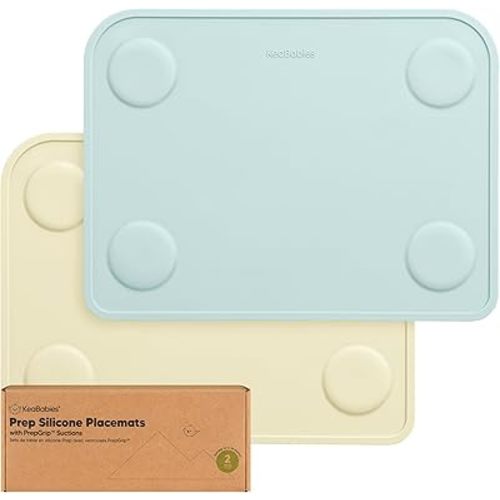KeaBabies 2-Pack Silicone Placemats for Toddlers - 12x9 Non Slip Suction Baby Silicone Placemat for Kids Eating, Easy to Clean, Busy Travel Baby Mat for Dining Table, Food Grade/BPA-Free (Pastel Sky)