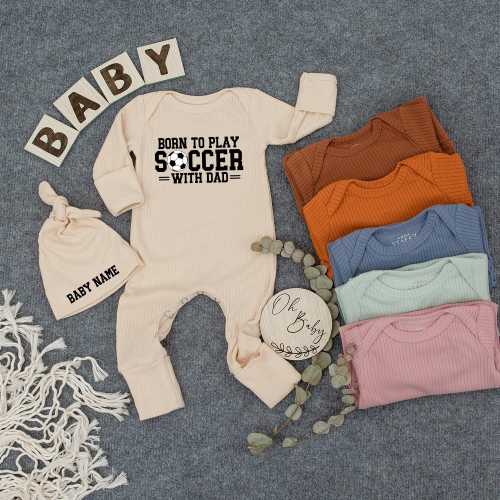 Personalized Born To Play Soccer With Dad Baby bodysuit and hat, Baby Boy Clothes, Newborn Baby outfit, Baby Shower, baby gift announcement