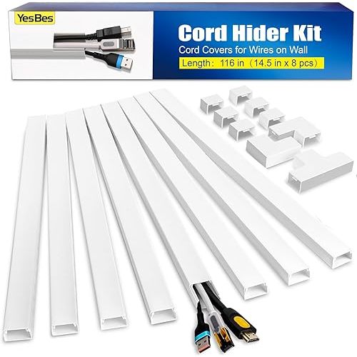 Cord Hider Kit for Wall Mount TV, Covers for Wires on Wall, Paintable Cable Raceway, W0.96in X H0.57in, 116in, White