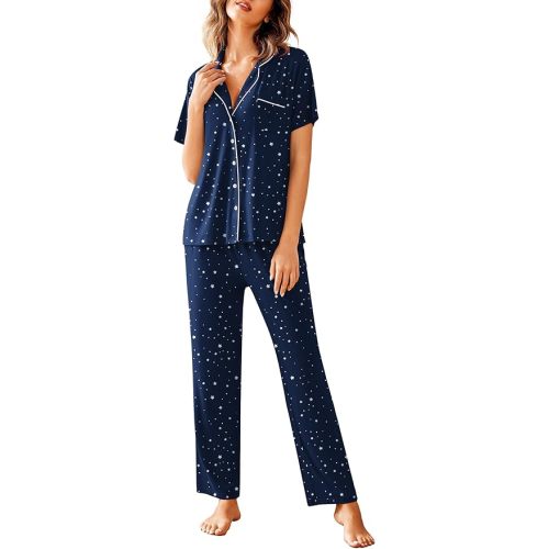 Avidlove Women Pajamas Set Notch Collar Soft Sleepwear Pjs Short Sleeve Button Down Nightwear with Long Pants