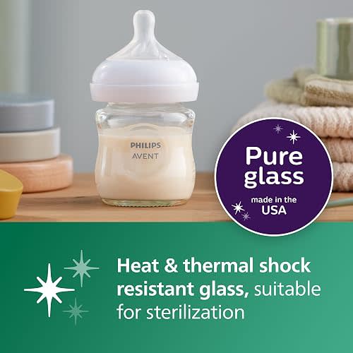 Philips Avent Natural Glass Baby Bottle with Natural Response Nipple (Slow Flow, Flow 2), 4oz, SCY910/01