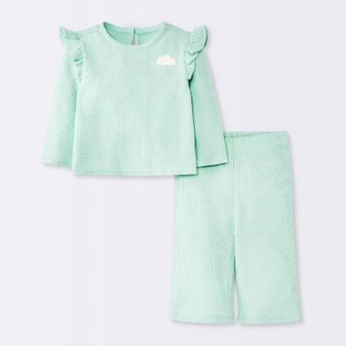 Baby Girls' 2pc Cloud Flutter Waffle Sweatshirt and Pull-On Pants Set - Cloud Island™ Green 0-3M