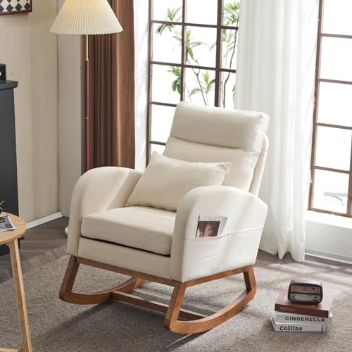 VINGLI Beige Linen Rocking Chair Nursery with Thick Headrest, Upholstered Mid-Century Modern Nursing Rocker Glider with Curved Armrest, Sturdy Solid Wood Base for Living Room, Bedroom, Baby Room