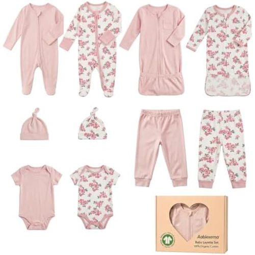 Aablexema Organic Cotton Baby Layette Set, 10pcs Newborn Essentials Footed Pjs, Bodysuits, Pants, Hats, Nightgowns