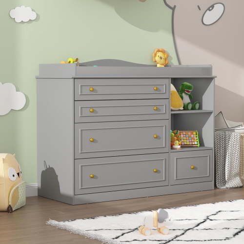 ChVans Changing Table Dresser, Baby Classic Nursery Dresser with 5 Drawers and 2 Shelves, Wood Chest of Drawers Nursery Storage Kids Organizer