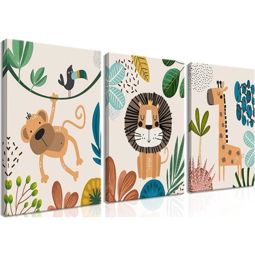 AKWISH Safari Jungle Nursery Wall Decor Set of 3 - Framed Animal Canvas Wall Art for Baby Room, Toddler Boy or Girl Bedroom, Cute Safari Themed Baby Nursery Decor 12x16in