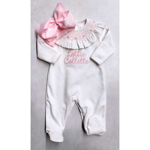 Smocked Roses Romper Coming home, Luxury footie embroidery details, hospital outfit picture, babygift, pinkbows, 100% Pima, sleeper, ruffles