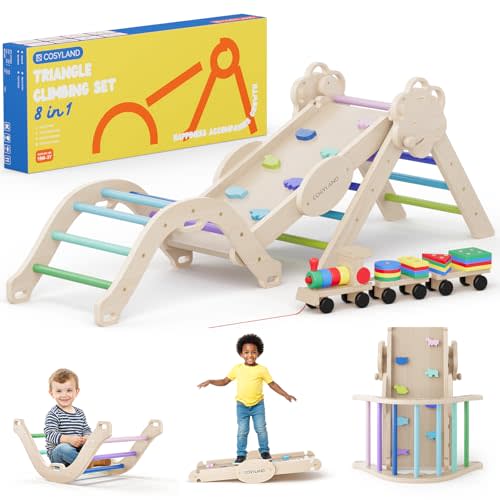 COSYLAND Pikler Triangle Set - 8 in 1 Montessori Climbing Toys for Toddlers 18M-3Y, Foldable Wooden Indoor Jungle Gym & Playground with Train Toy & Gift Box, Anti-Tip, ASTM Certified, Cool Tones