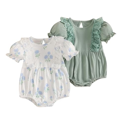 Merqwadd Baby Girl Bubble Romper Pack Short Sleeve Lace Bodysuit Vintage Newborn Summer Clothes