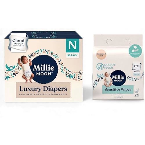 Milli Moon Luxury Cloud Touch Diapers (Newborn-Size and count-96) Sensitive Wipes of Embossed Cloth (3 Pack Each-72count)