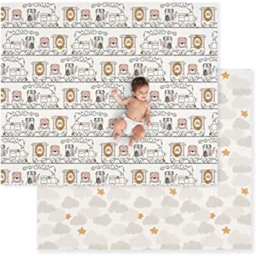 JumpOff Jo Baby Play Mat - Large Folding Foam Play Mat for Infants, Babies, Toddlers, Waterproof, Double-Sided (70" x 59") - Zoo Train