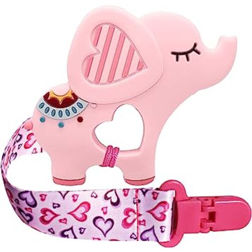 1 Soft Dinosaur Teether for Babies and 1 Baby Pacifier Clip, Valentines Day Gifts for Baby Girl Boy,Silicone Chew Toys (Pink Elephant)